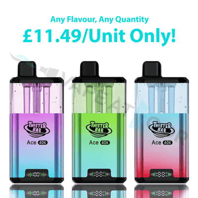 Three Twister Bar Ace 40K Puffs Prefilled Pod Kit appearing on a white background with pricing on it.