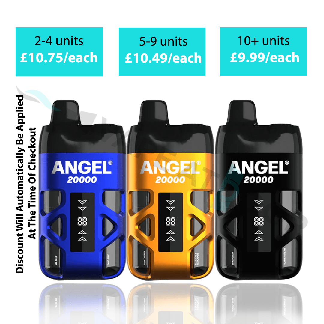 Three VB Angel 20000 Puffs 2 in 1 Prefilled Pod Kit in blue, gold, and black with pricing information on a white background.