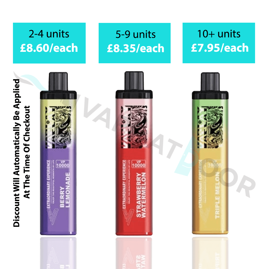 Three Vaplay VP10000 Prefilled Pod Vape Kit devices with pricing and discount information on a white background