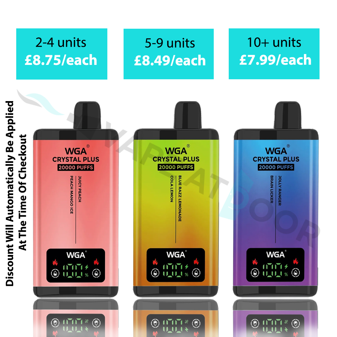 Product advertisement for "WGA Crystal Plus 20000 Puffs" vapes showing multi-buy pricing tiers: 2–4 units for £8.75 each, 5–9 units for £8.49 each, and 10+ units for £7.99 each. Three gradient-colored vape devices (pink, green/yellow, and purple) are displayed below the pricing, with a note stating that discounts are automatically applied at checkout.