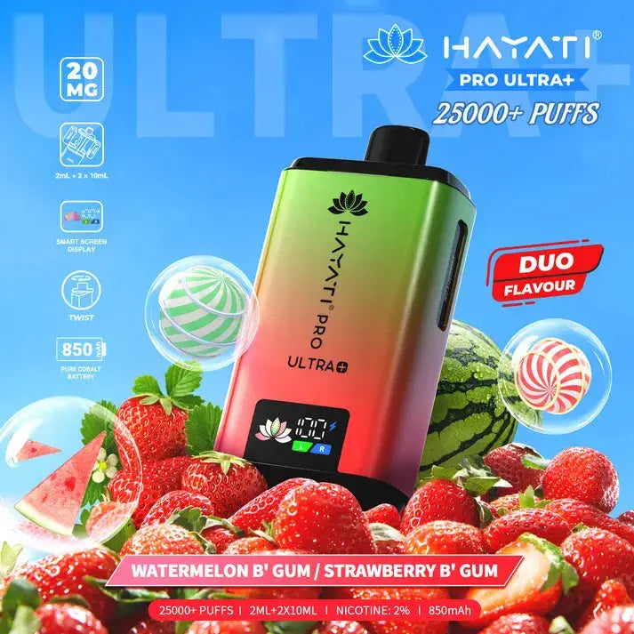 Hayati Pro Ultra Plus 25000 Watermelon &amp; Strawberry Bubblegum Dual Kit with fruit-infused chewy candy.