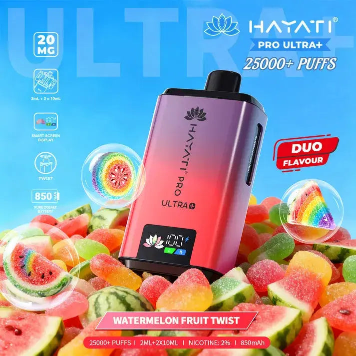 Hayati Pro Ultra Plus 25000 Watermelon Fruit Twist Kit with a unique twist of watermelon and mixed fruit punch.