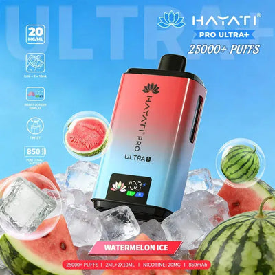 Hayati Pro Ultra Plus 25000 Watermelon Ice (New) Kit with fresh watermelon slices and cooling ice cubes.