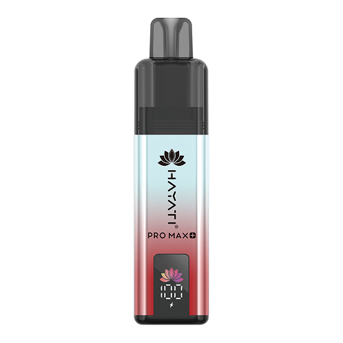 A Hayati Pro Max+ 4000 vape device with a black mouthpiece and base, featuring a body with a light blue to pink gradient and a digital display showing '100%'.