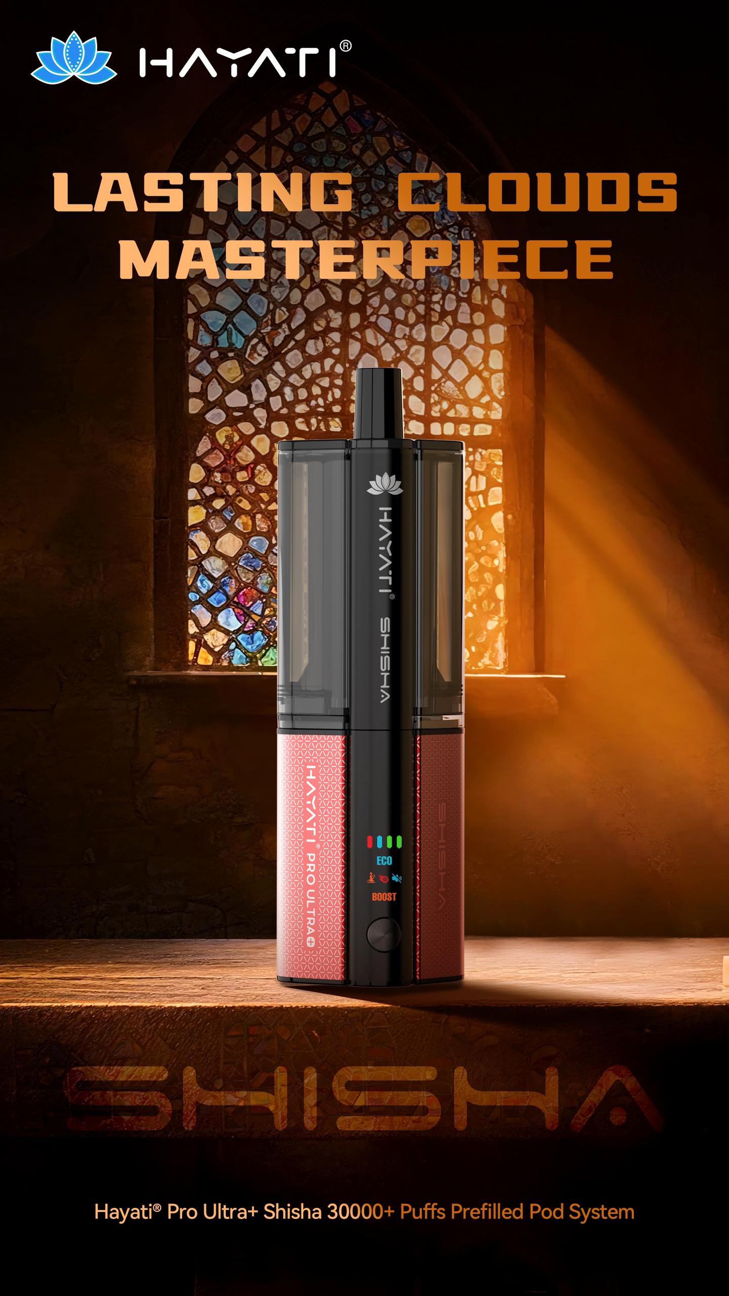 Three black and blue vape devices with 'Hayati Pro Ultra Plus Shisha'  branding and pricing mentioned £10.95 on a white background.