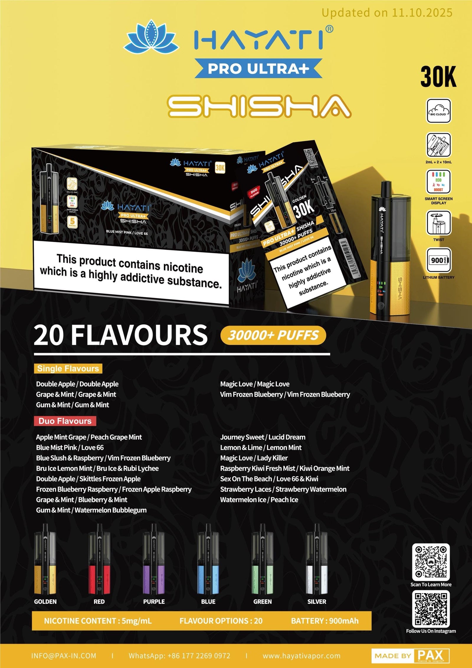 Hayati Pro Ultra Plus Shisha 30k product packaging with nicotine warning and flavor options on a yellow and black background.