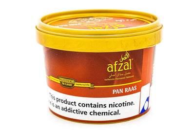 Afzal pan raas 1kg shisha flavor bucket on a white background.