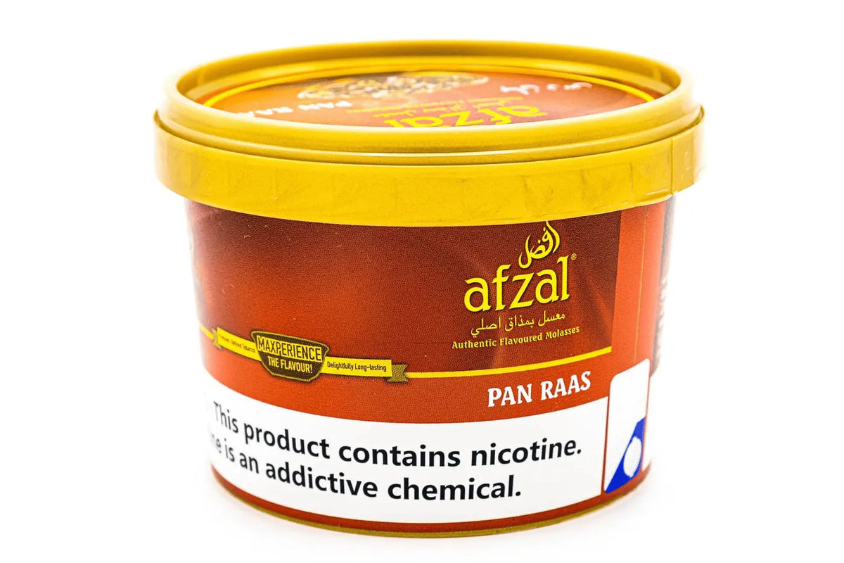 Afzal pan raas 1kg shisha flavor bucket on a white background.