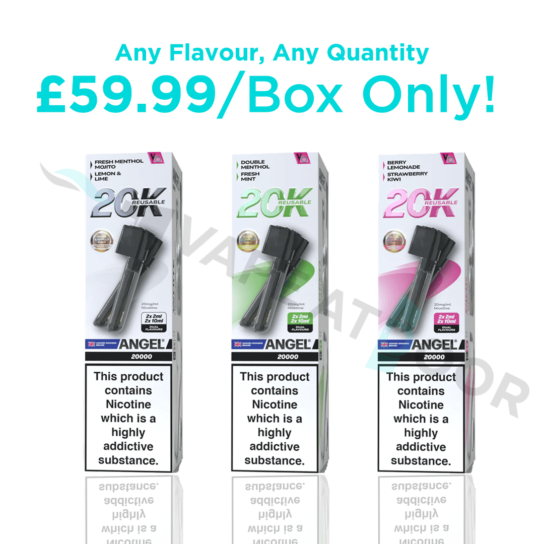 10 Units of Box of Angel 20k Vape pods with pricing details on a white background.