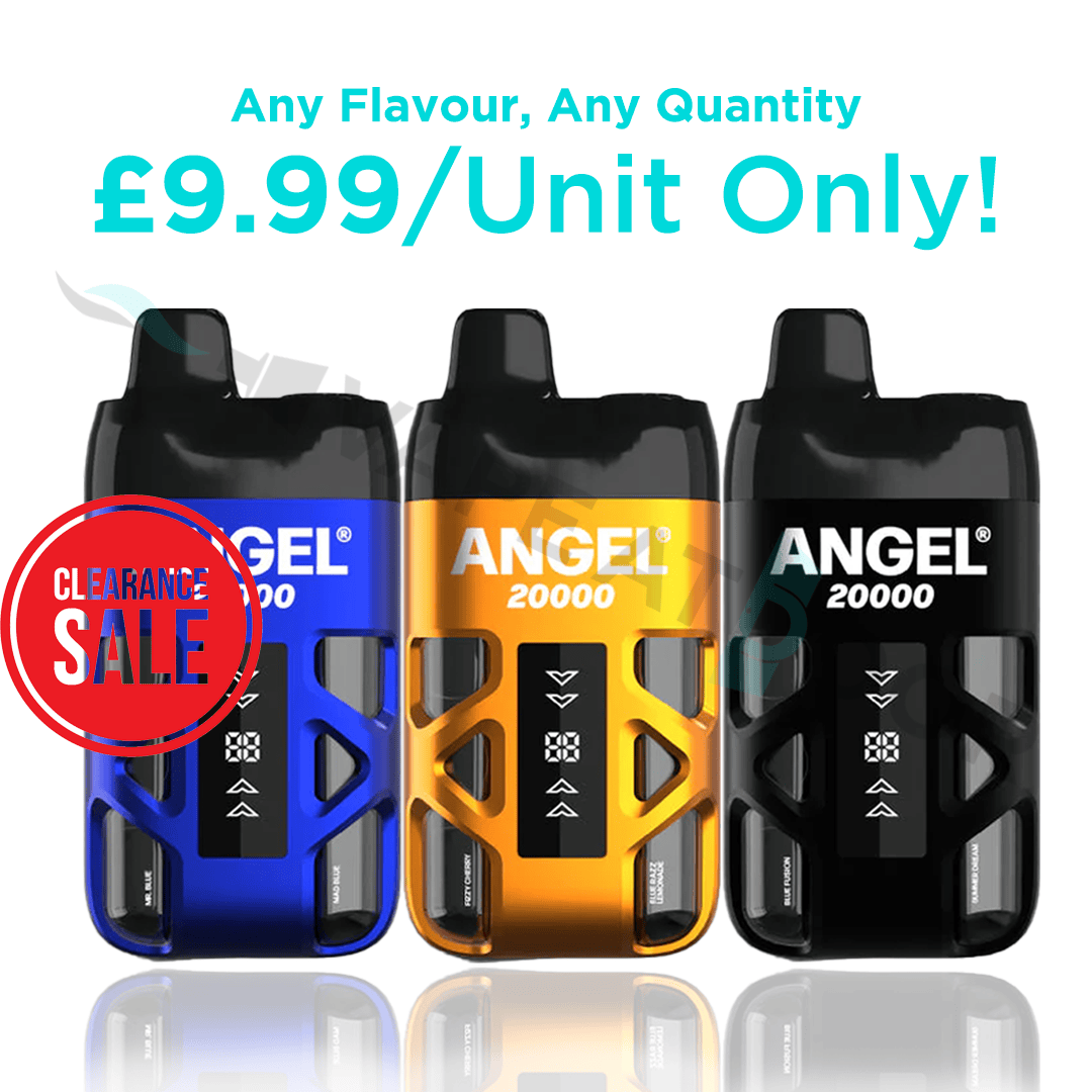 Three Angel 20000 devices in blue, gold, and black with a clearance sale label on a white background.