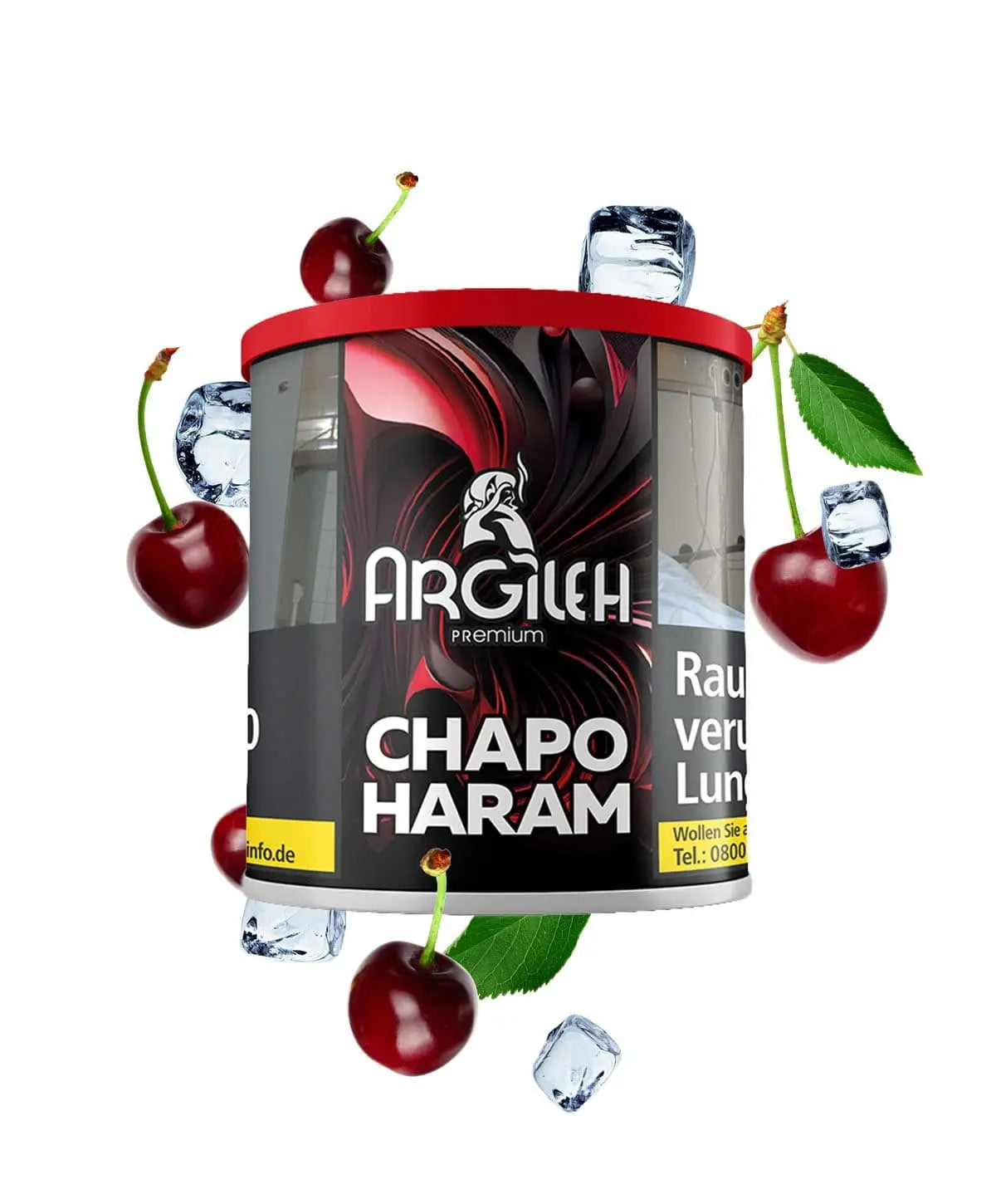 Argileh Chapo Haram tobacco product packaging with cherries and ice cubes on a white background