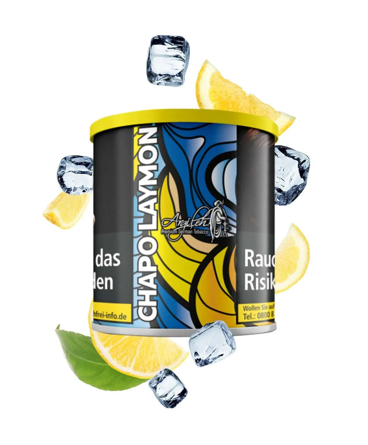 Argileh Chapo Laymon tobacco product packaging with lemon slices and ice cubes on a white background