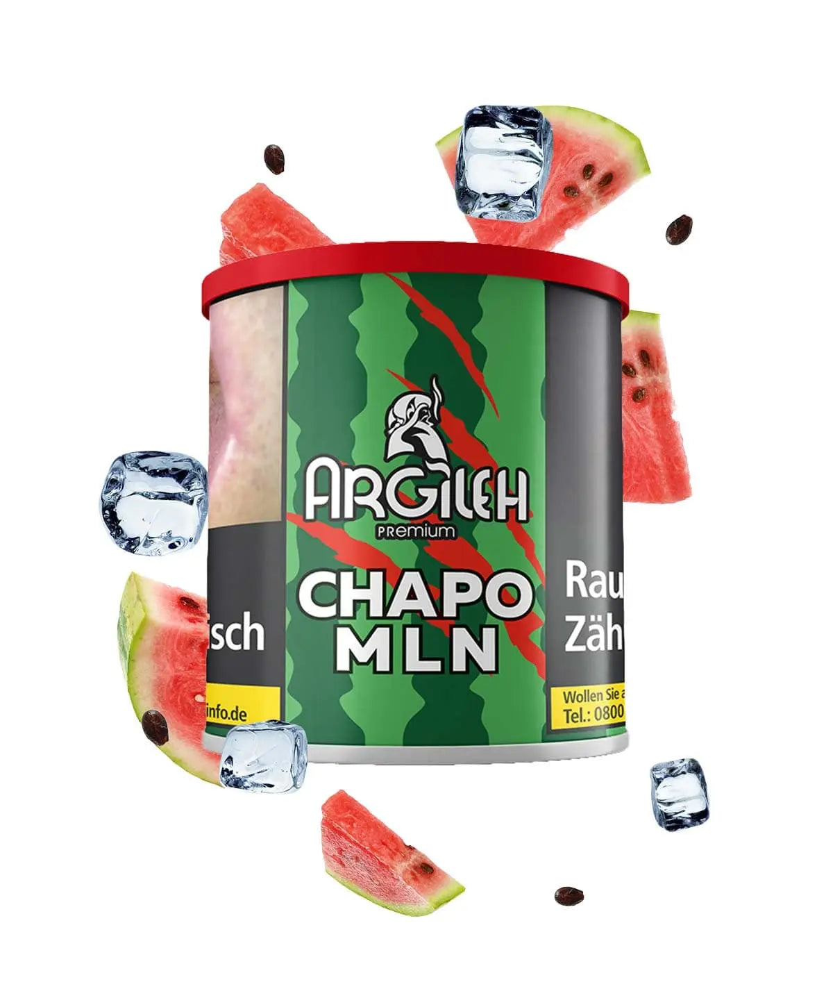 Argileh Chapo MLN tobacco product packaging with watermelon and ice cubes on a white background
