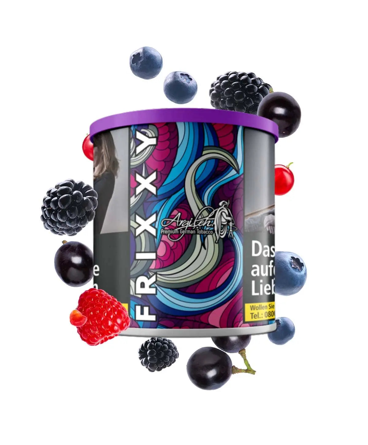FRIXXY Argileh flavour with colorful packaging surrounded by berries on a white background