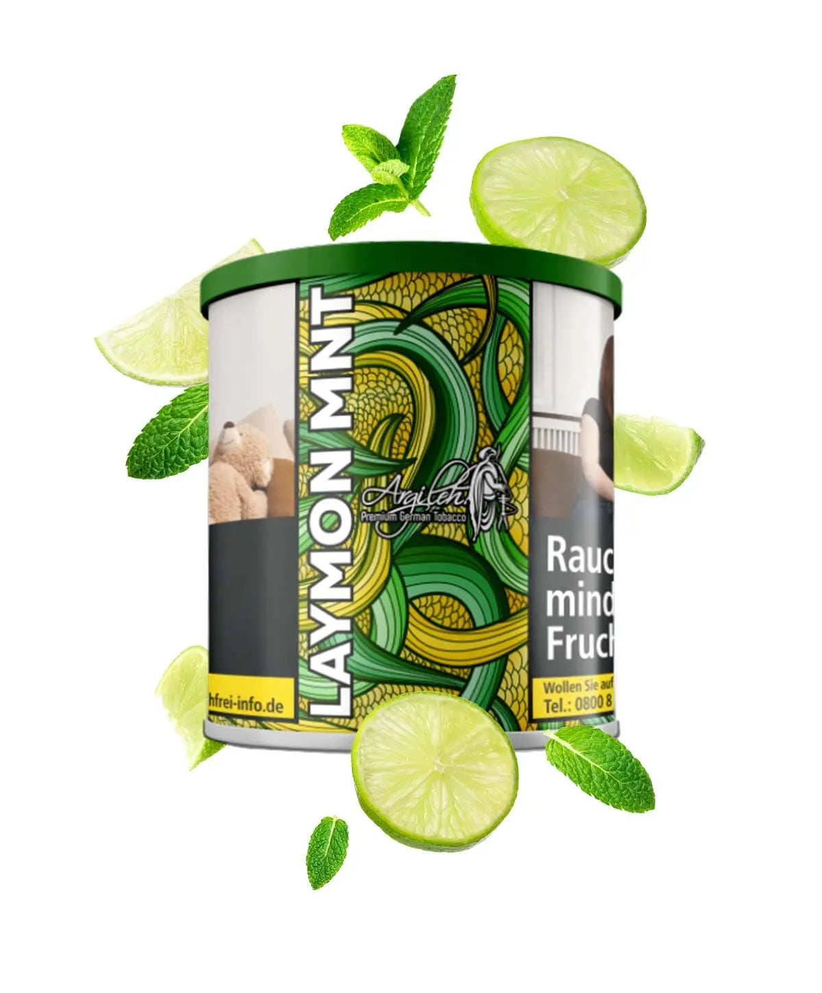 Laymon Mnt Argileh flavour packaging with lime slices and mint leaves on a white background