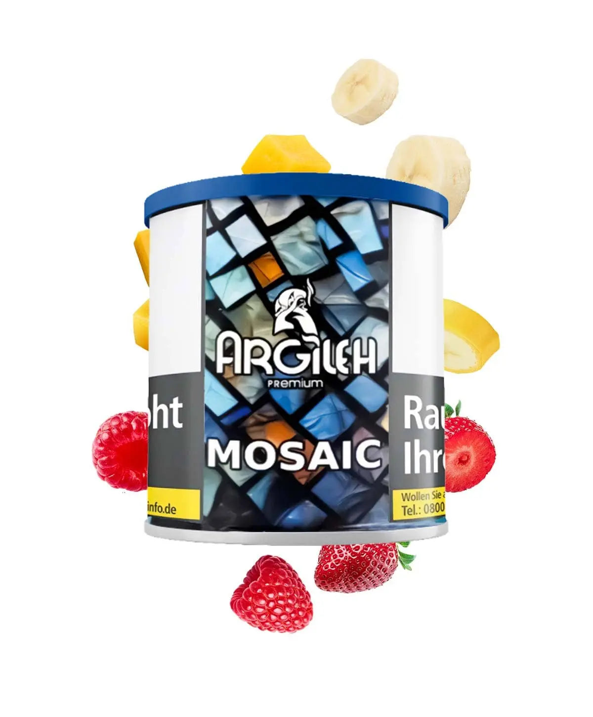 Argileh mosaic tobacco product packaging with strawberry and banana on a white background