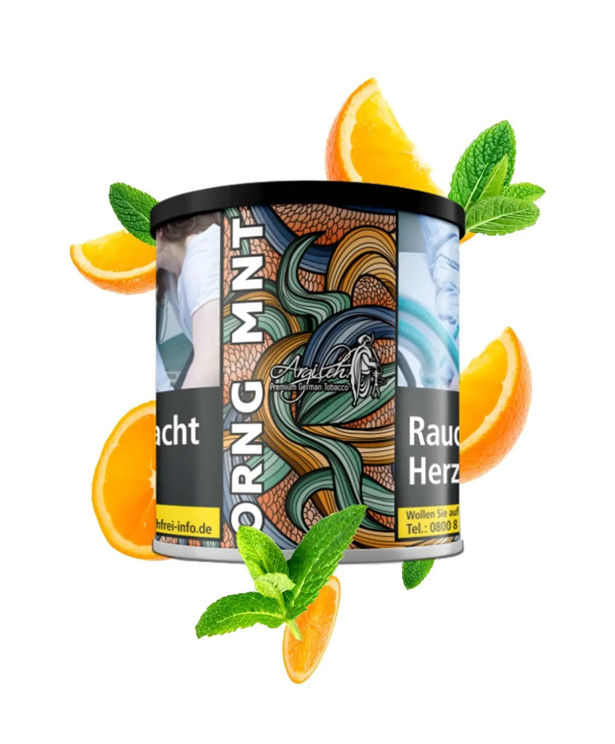 Argileh ORNG MNT tobacco product packaging surrounded by orange slices and mint leaves on a white background