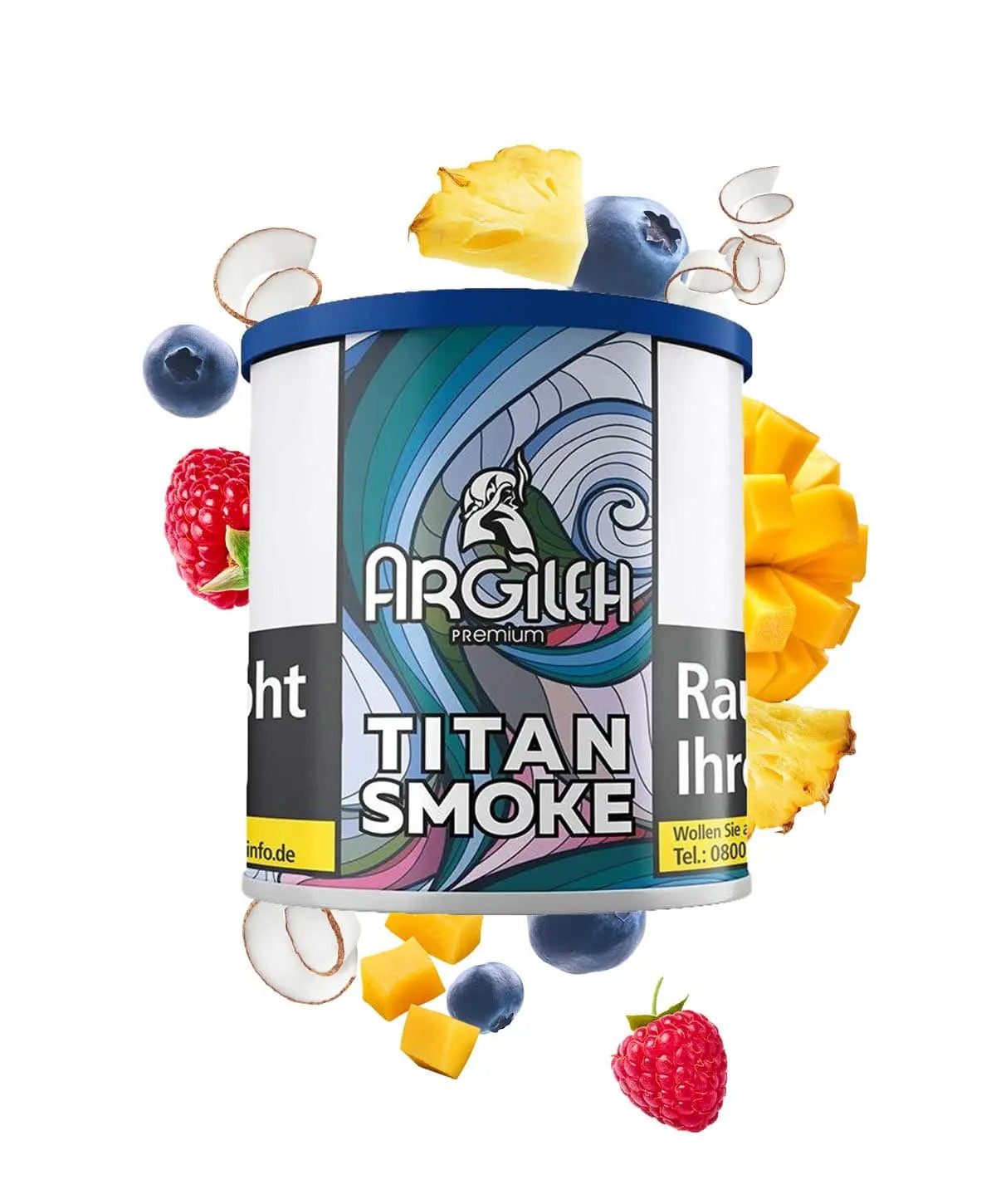Argileh Titan Smoke product packaging with colorful elements on a white background
