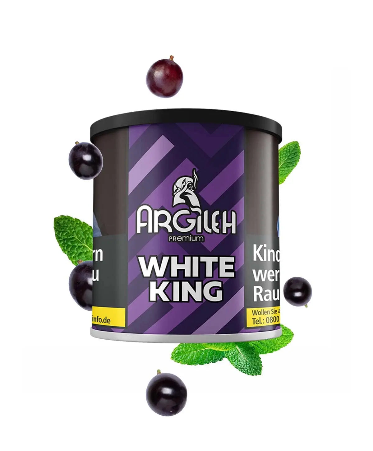 Argileh White King flavour with purple and black design on a white background