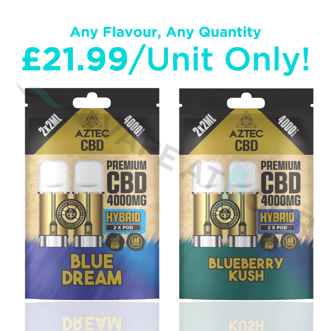 Two Aztec CBD 4000mg Replacement Pods with packaging on  a white background.