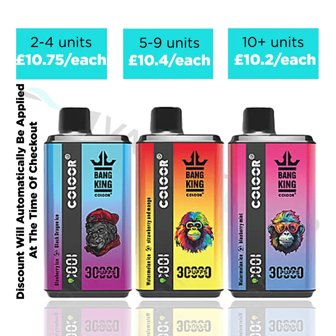 Three colorful bang king 30k vape devices with branding and pricing information on a white background