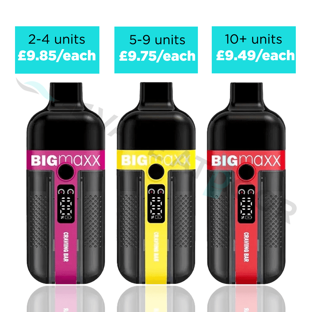 Three Bigmaxx 22k vaping devices with price labels for different quantity ranges on a white background.