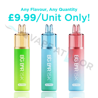 Three colorful vape devices with 'BIG BAR 15K' branding on a white background, featuring text about pricing.