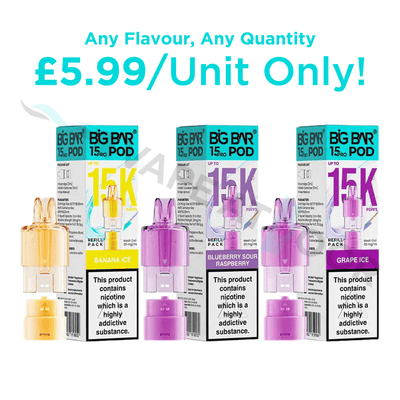 Big Bar Pro 15k Replacement Prefilled Pods with packaging and promotional text on a white background
