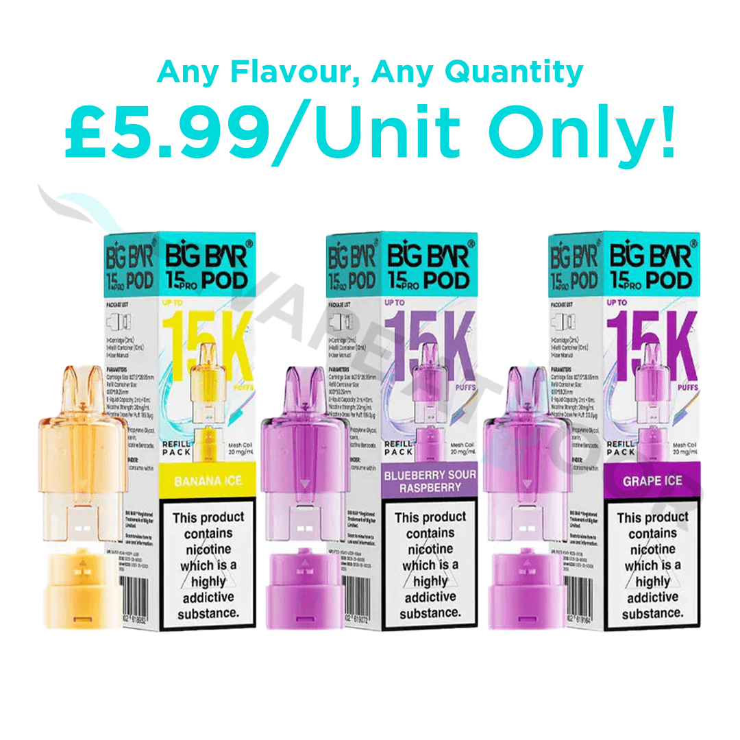 Big Bar Pro 15k Replacement Prefilled Pods with packaging and promotional text on a white background