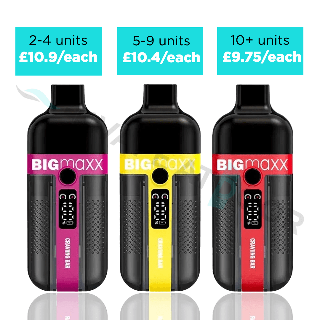 Three Bigmaxx 22k vaping devices with price labels for different quantity ranges on a white background.