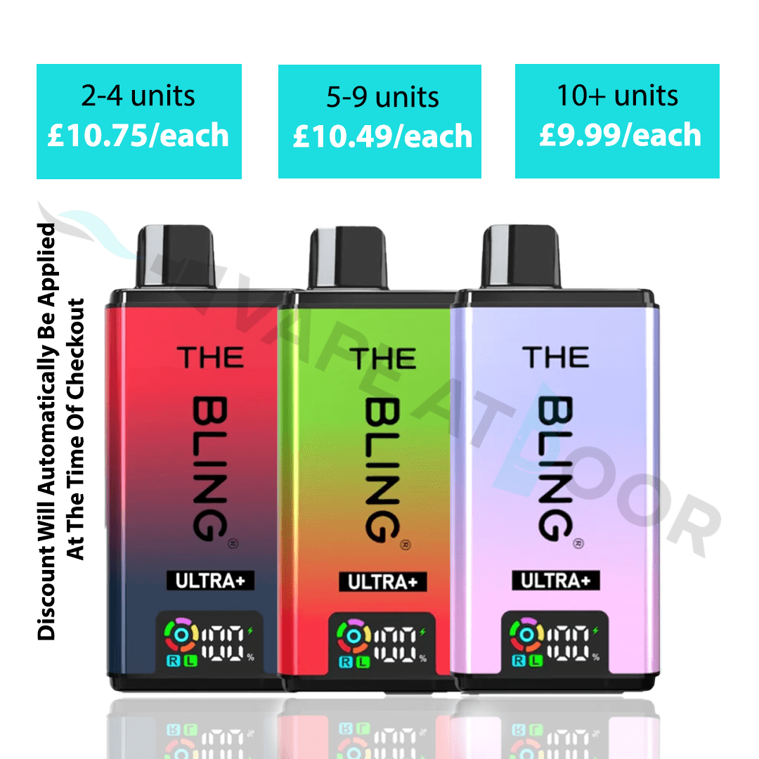 Three Bling Ultra Plus 30k Prefilled Pod Kit Device in red, green, and purple with pricing information above.