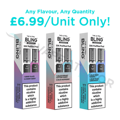 Three boxes of BLING ultra 30k vape pods with promotional text on a white background