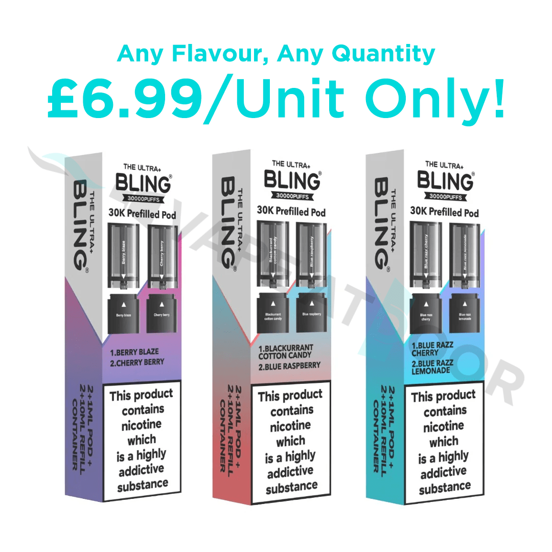Three boxes of BLING ultra 30k vape pods with promotional text on a white background