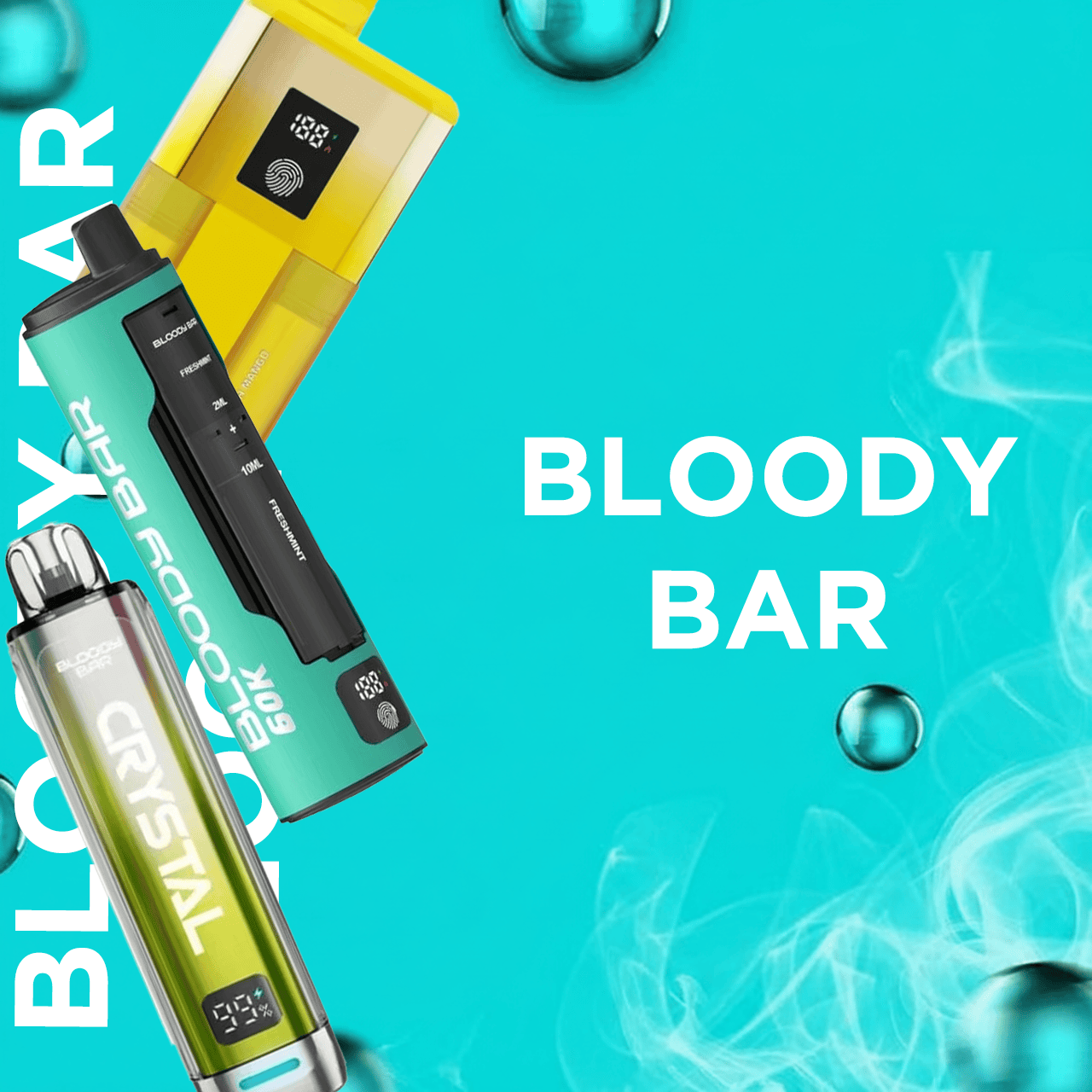 Three vape devices on a blue background with 'Bloody Bar' branding.