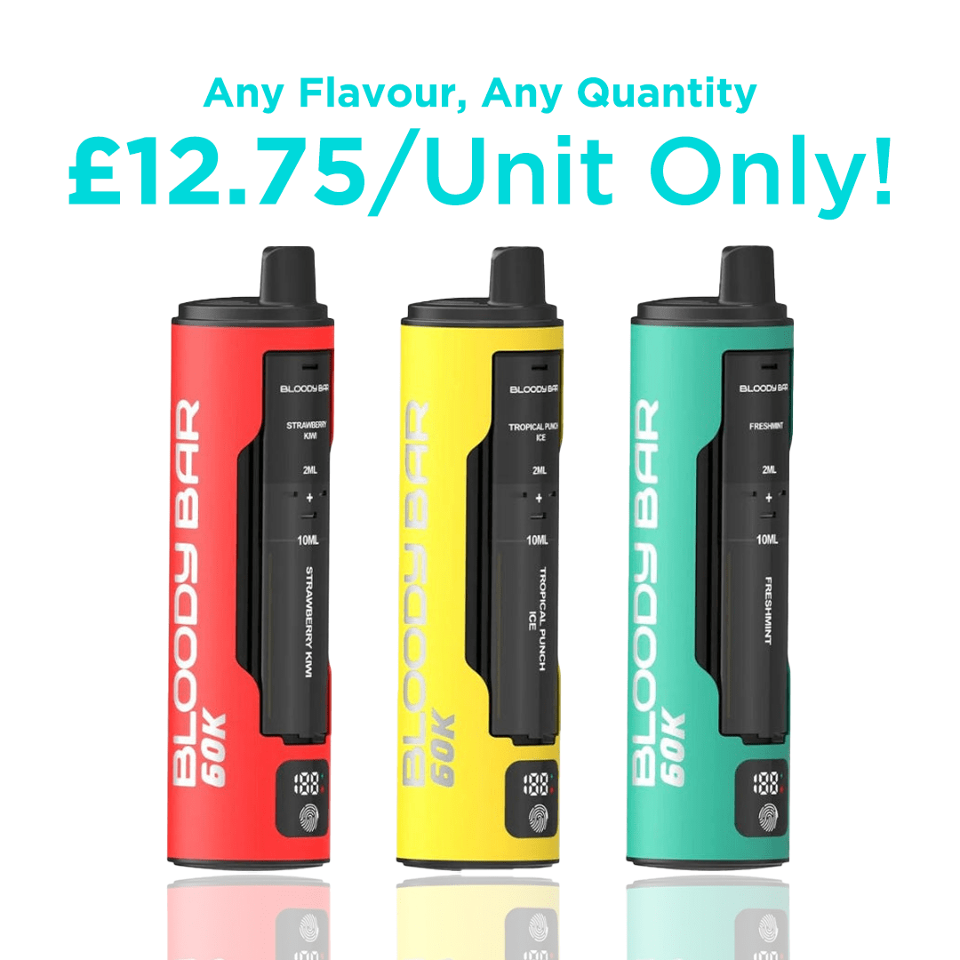 Three Bloody Bar 60K vape devices in red, yellow, and green on a white background with promotional text.