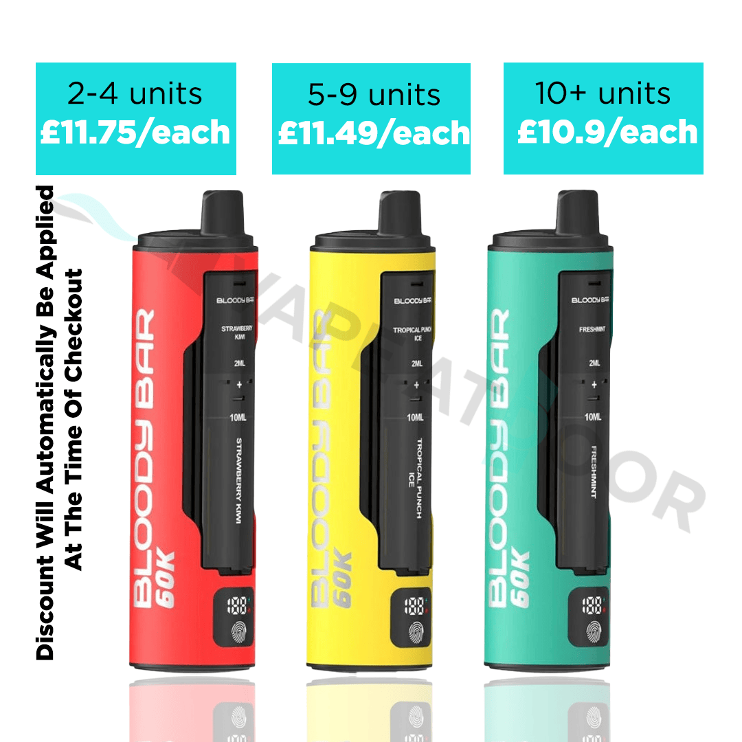 Three Bloody Bar 60K vape devices in red, yellow, and green with pricing information on a white background.