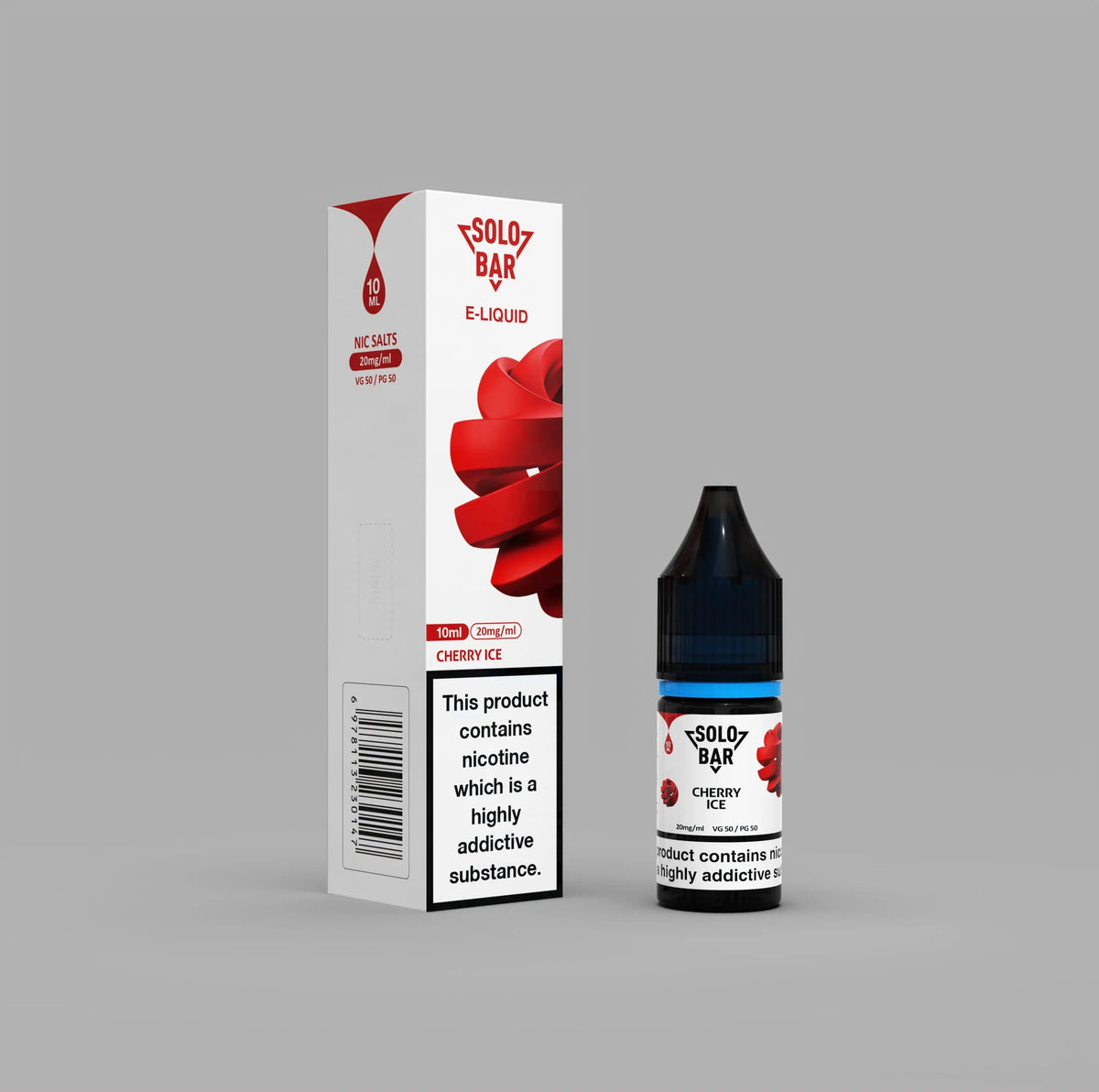 Solo Bar E-Liquid bottle Cherry Ice  and packaging on a gray background