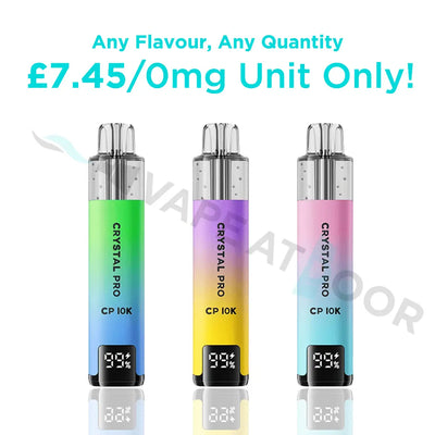 Three gradient-colored CP 10k omg vape devices with digital displays on a white background, featuring promotional text about pricing.