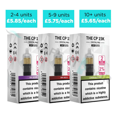Three boxes of 'THE CP 15K' replacement pods with pricing information and quantity discount on a white background