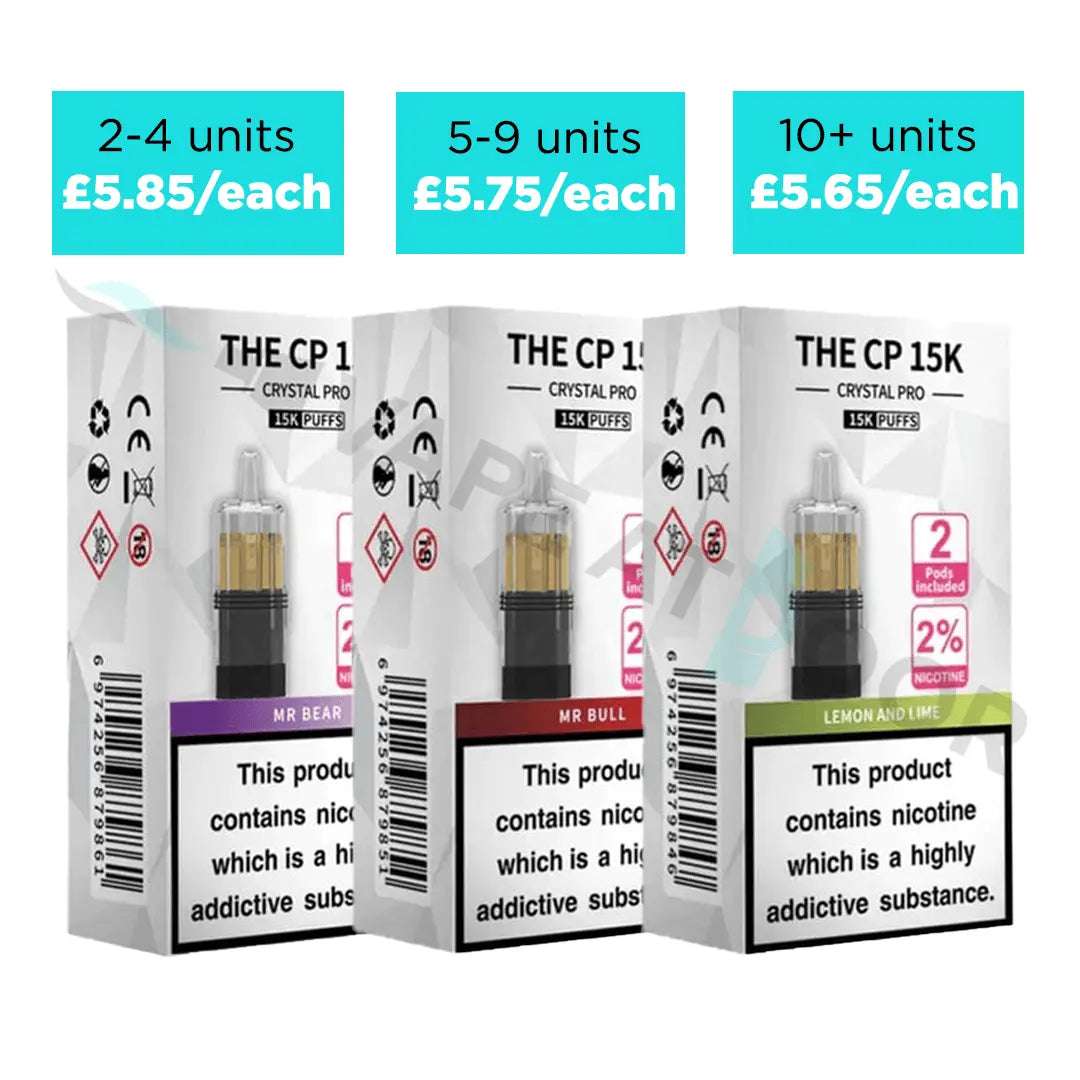 Three boxes of 'THE CP 15K' replacement pods with pricing information and quantity discount on a white background