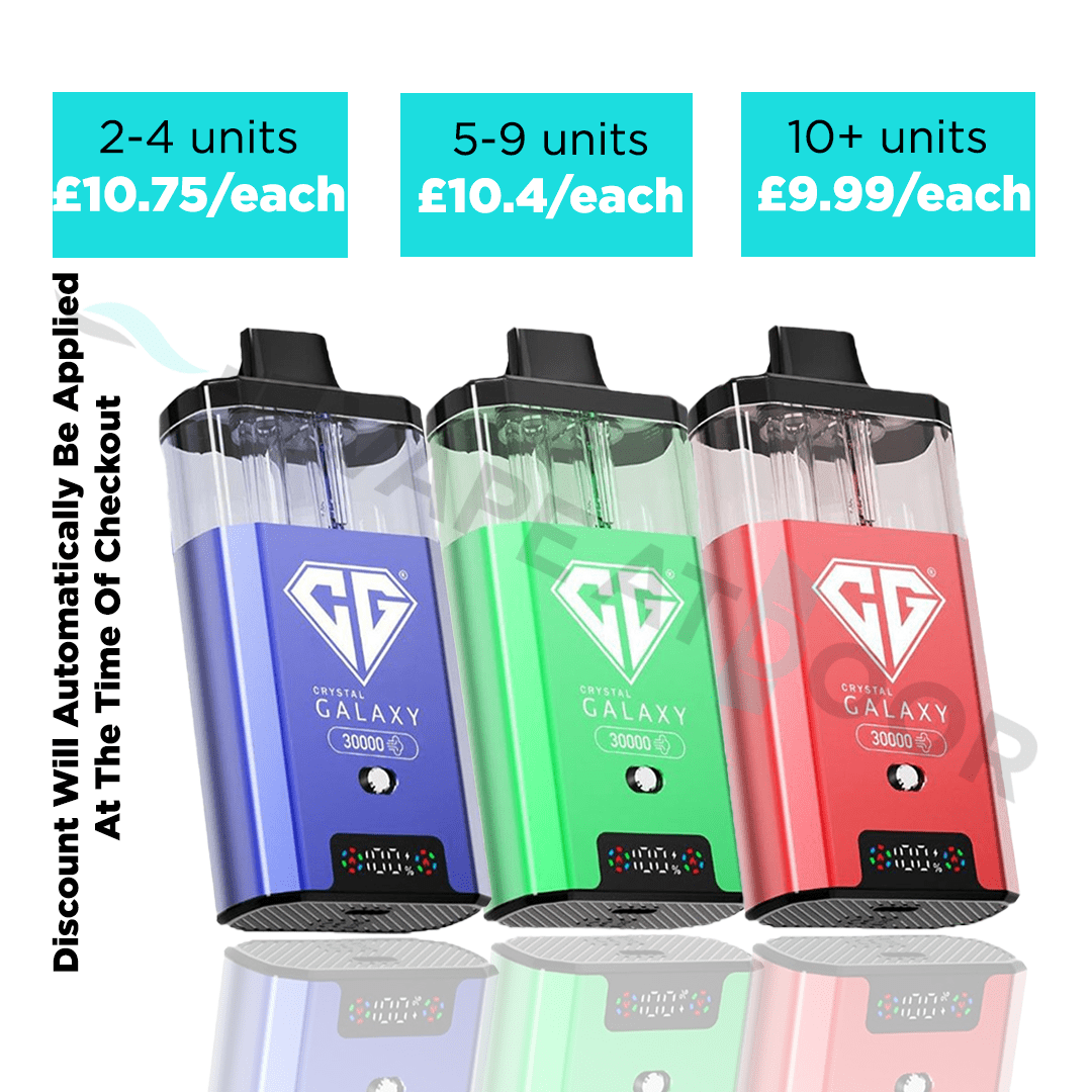 Three Crystal Galaxy focus 2 30k prefilled pod kits in blue, green, and red with multi buy deals above on a white background.