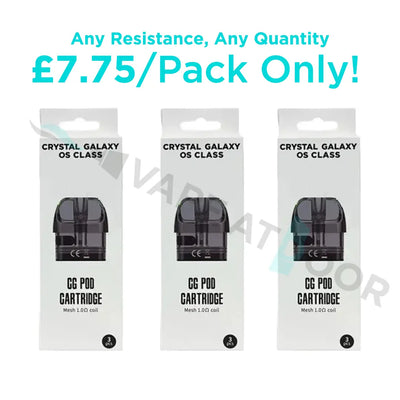 Three packages of Crystal Galaxy OS Class CG Pod Cartridge with promotional text on a white background.