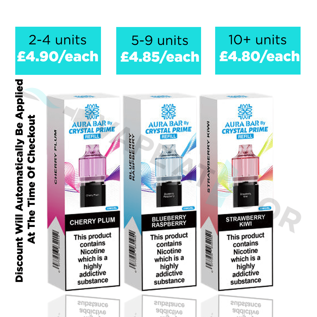 Three boxes of Aura Bar 10k by Crystal Prime replacement refill pods with pricing discount and flavor information on a white background.
