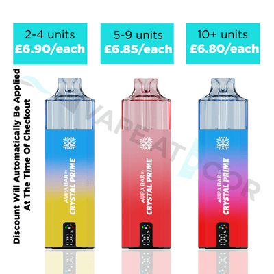 Three colorful Crystal Prime Aura Bar 10k Prefilled Pod Kits with pricing and discount information on a white background.