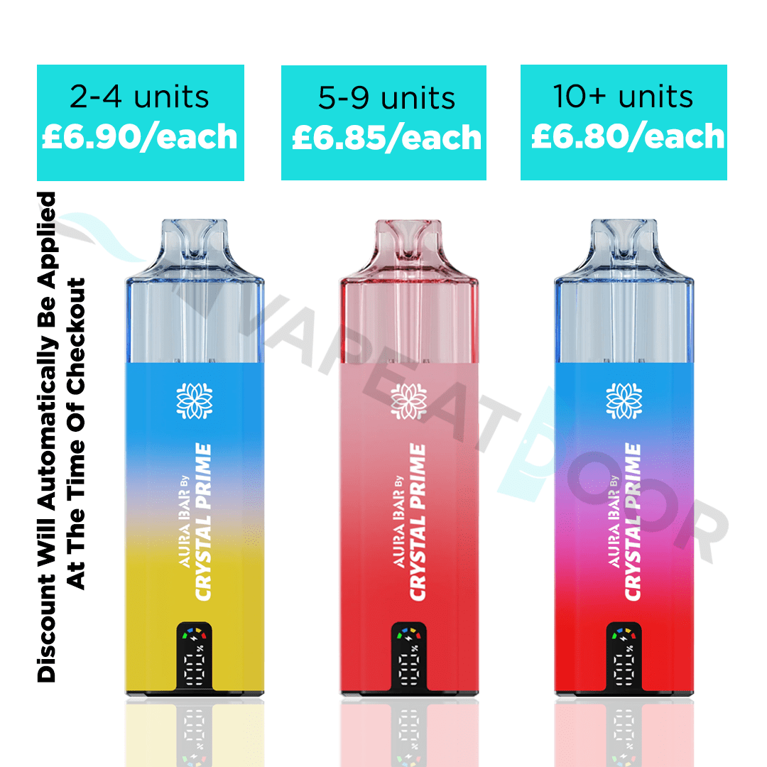 Three colorful Crystal Prime Aura Bar 10k Prefilled Pod Kits with pricing and discount information on a white background.