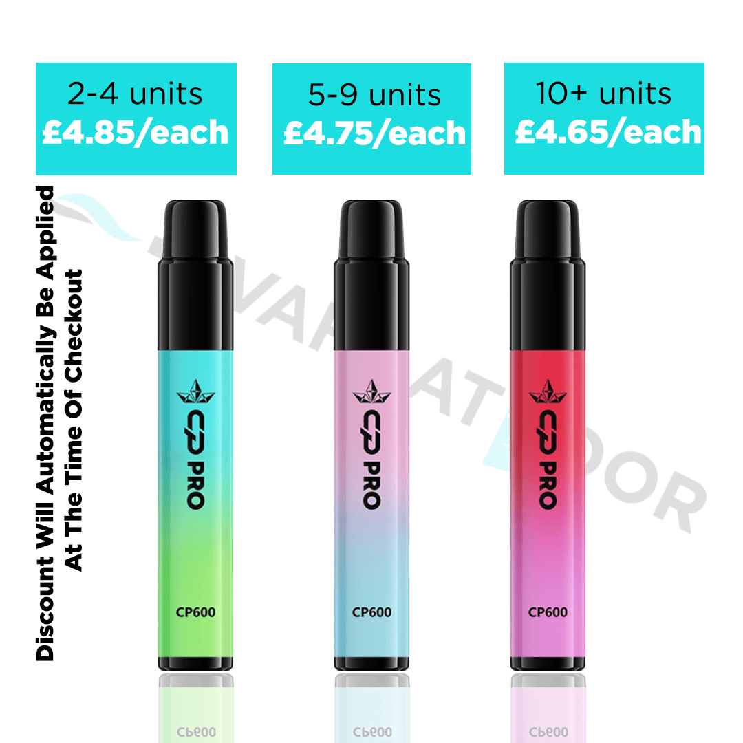Three Crystal Pro CP 600 Puffs Vape devices with multibuy discounts n a white background.