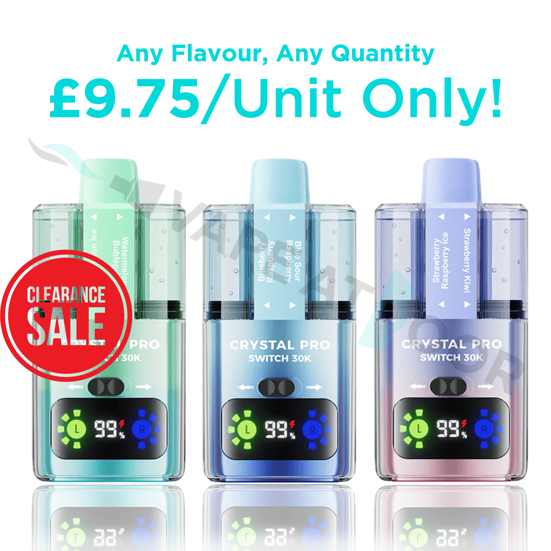 Three Crystal Pro Switch 30k devices with digital displays on a white background, featuring a clearance sale label.