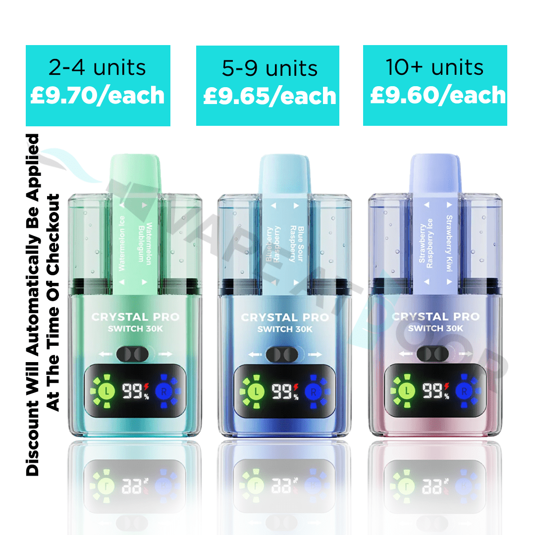 Three 'Crystal Pro Switch 30K' devices with pricing and multibuy deals information displayed above them on a white background.