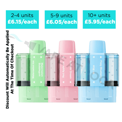 Three colorful Crystal Pro Switch 30k Prefilled Replacement Pods with pricing and quantity discount information on a white background