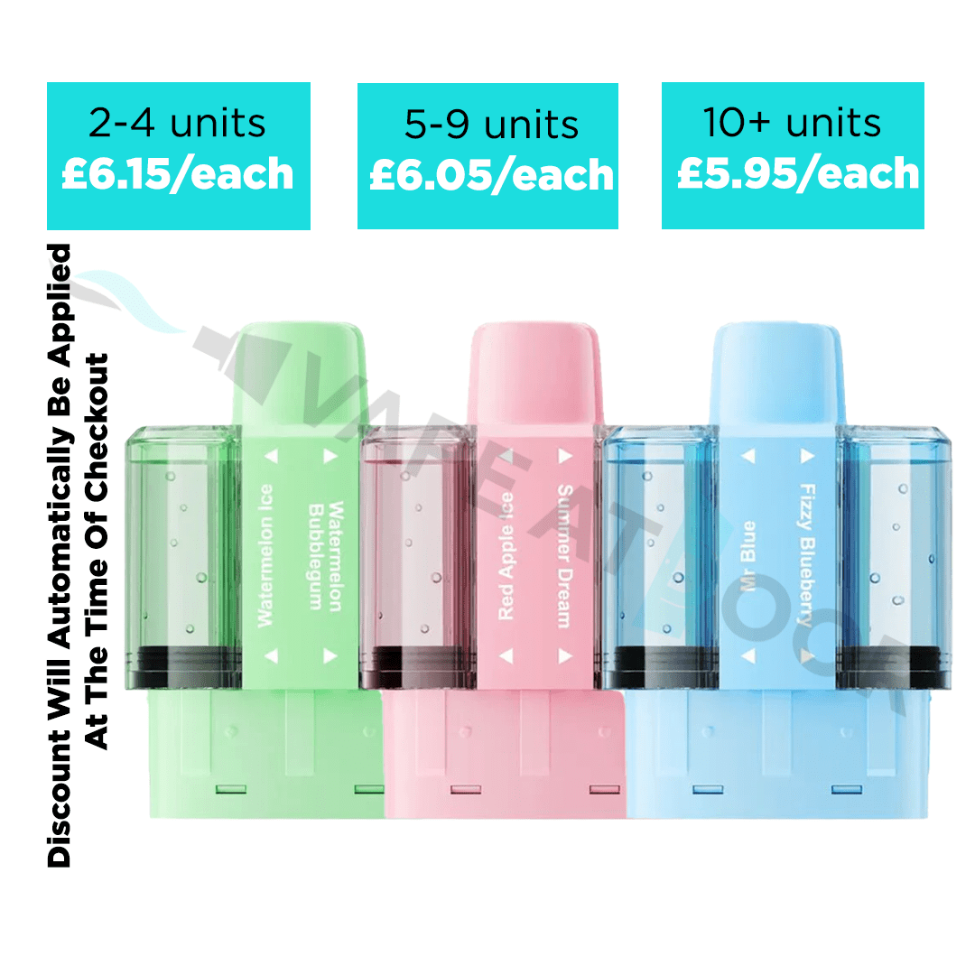 Three colorful Crystal Pro Switch 30k Prefilled Replacement Pods with pricing and quantity discount information on a white background